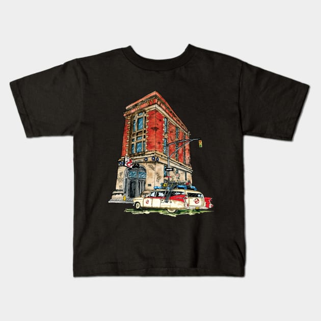 Ecto- 1 / Firehouse, Hook & Ladder Company 8 Kids T-Shirt by mpflies2